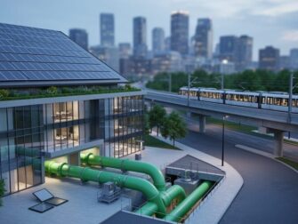 Modernes Gebäude mit Solardach, grünen Fernwärmerohren und Stadtbahn