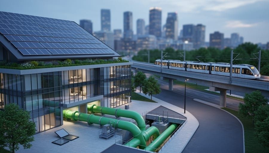 Modernes Gebäude mit Solardach, grünen Fernwärmerohren und Stadtbahn