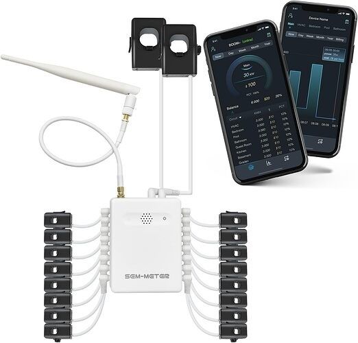 Energiemonitor mit vielen Messklemmen und Smartphone-App zur Verbrauchsanzeige