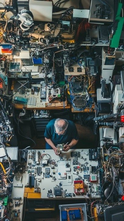 Elektroniktechniker repariert ein Gerät in einer dicht gefüllten Werkstatt